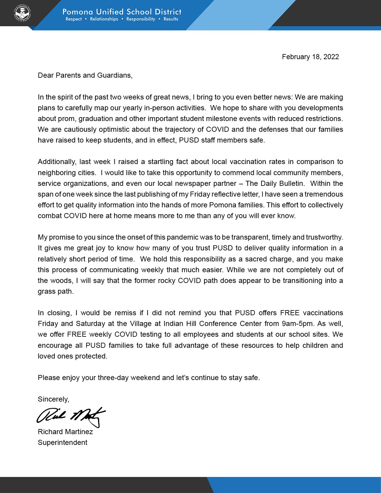 Supts update letter